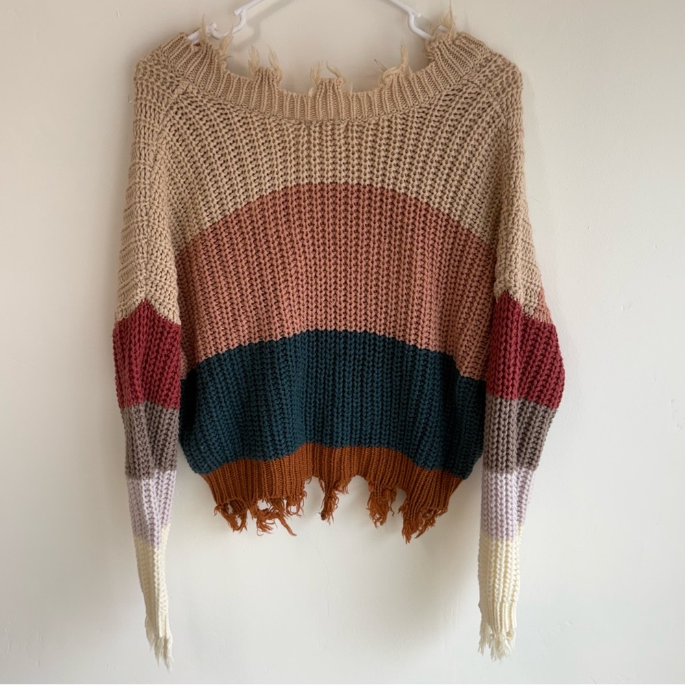 Autumn Color Block Cropped Knit Distressed Sweater size Small/Medium - Picture 3 of 8